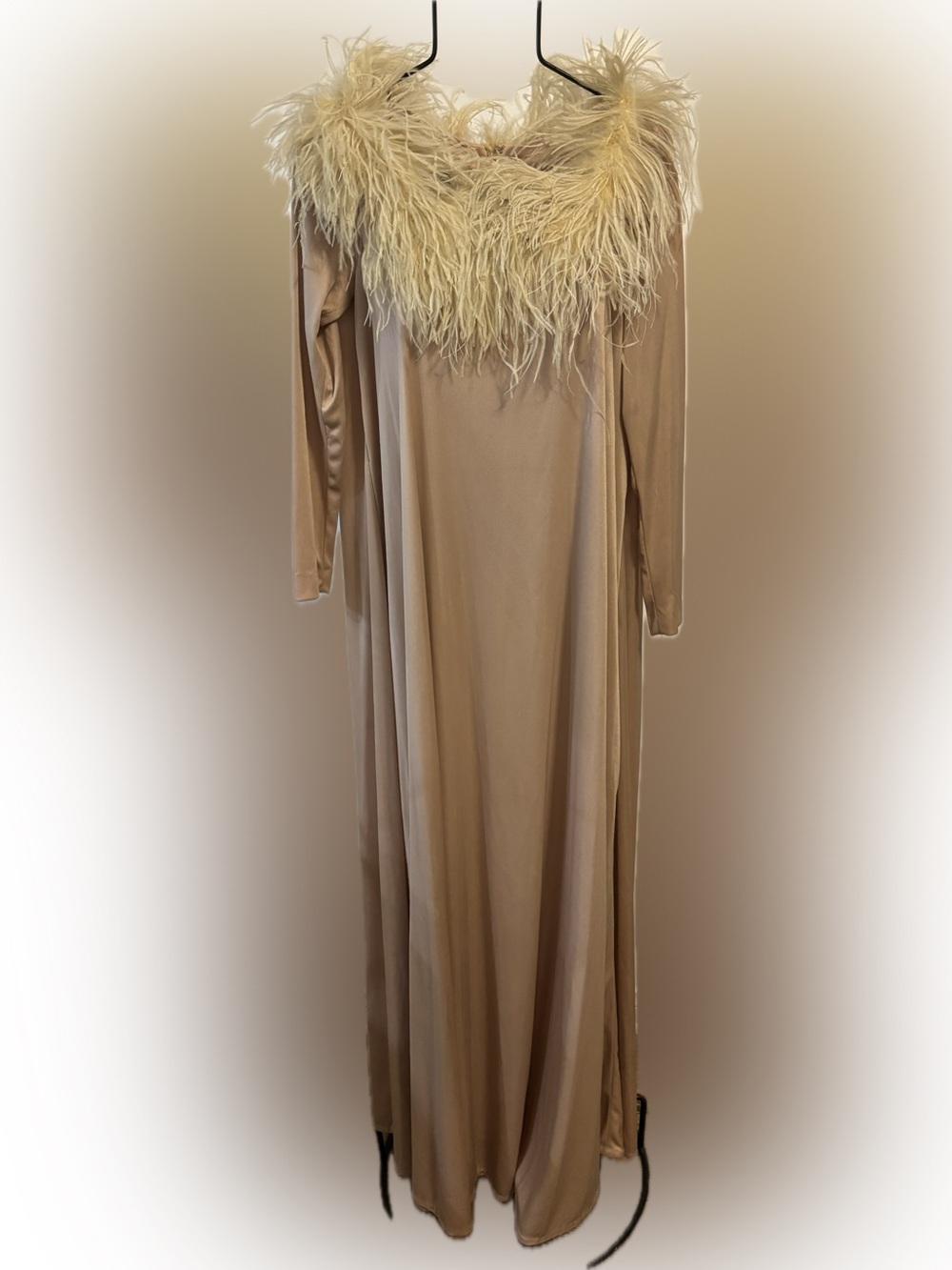 Vintage 1960’s Lilli Diamond Neutral Tan Maxi Dress with Feather Trim